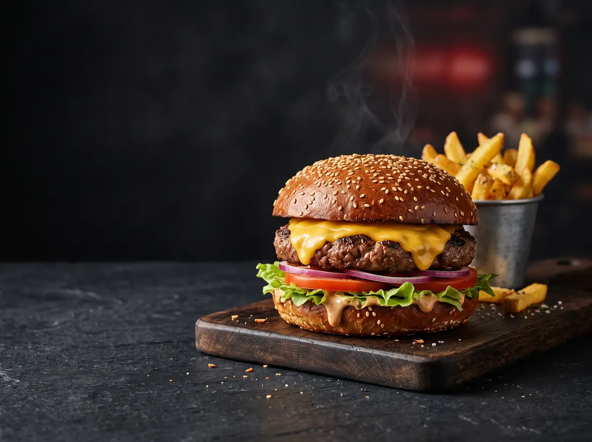 Cheeseburger mit Rindfleisch-Patty, geschmolzenem Käse, Salat und Tomate, dazu Pommes (Serviervorschlag)