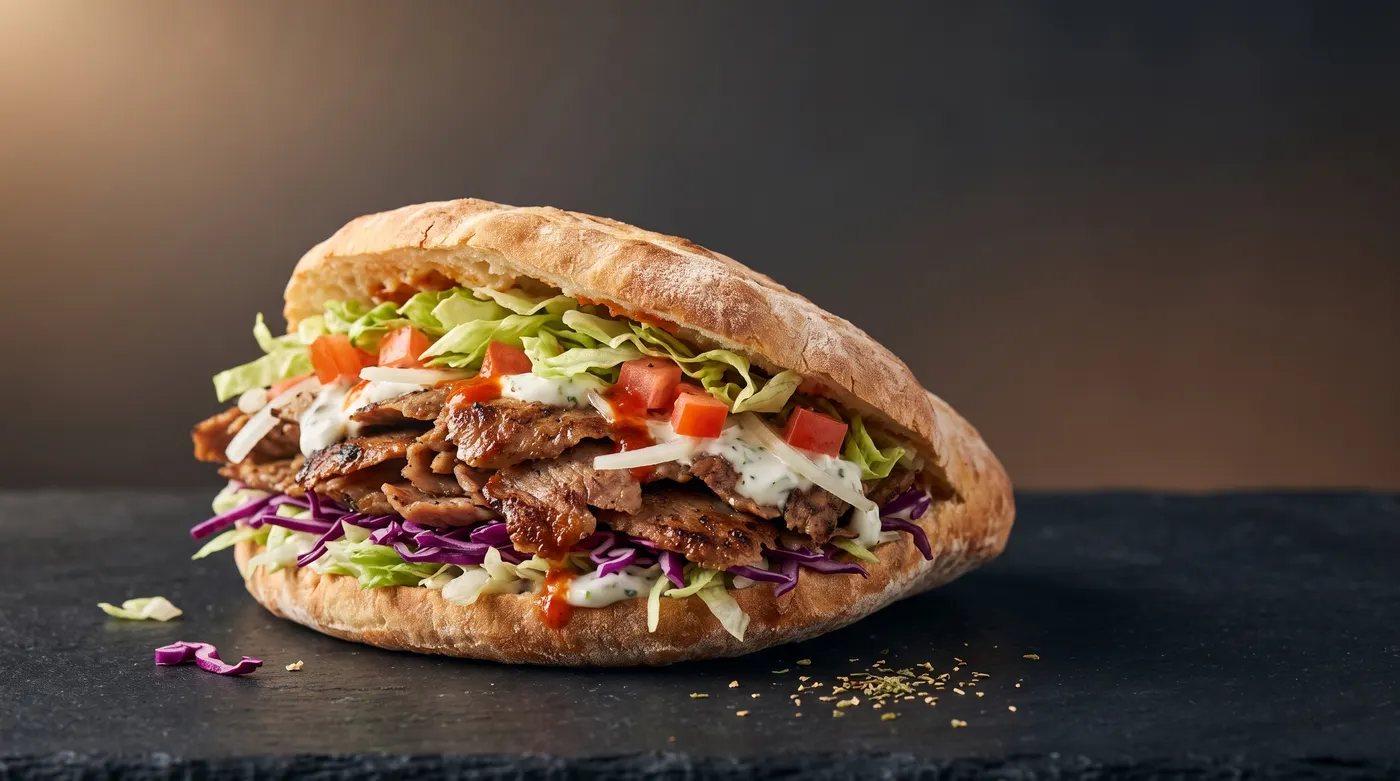 Döner im hausgemachten Fladenbrot mit Salat, Rotkohl, Tomate und Sauce (Serviervorschlag)
