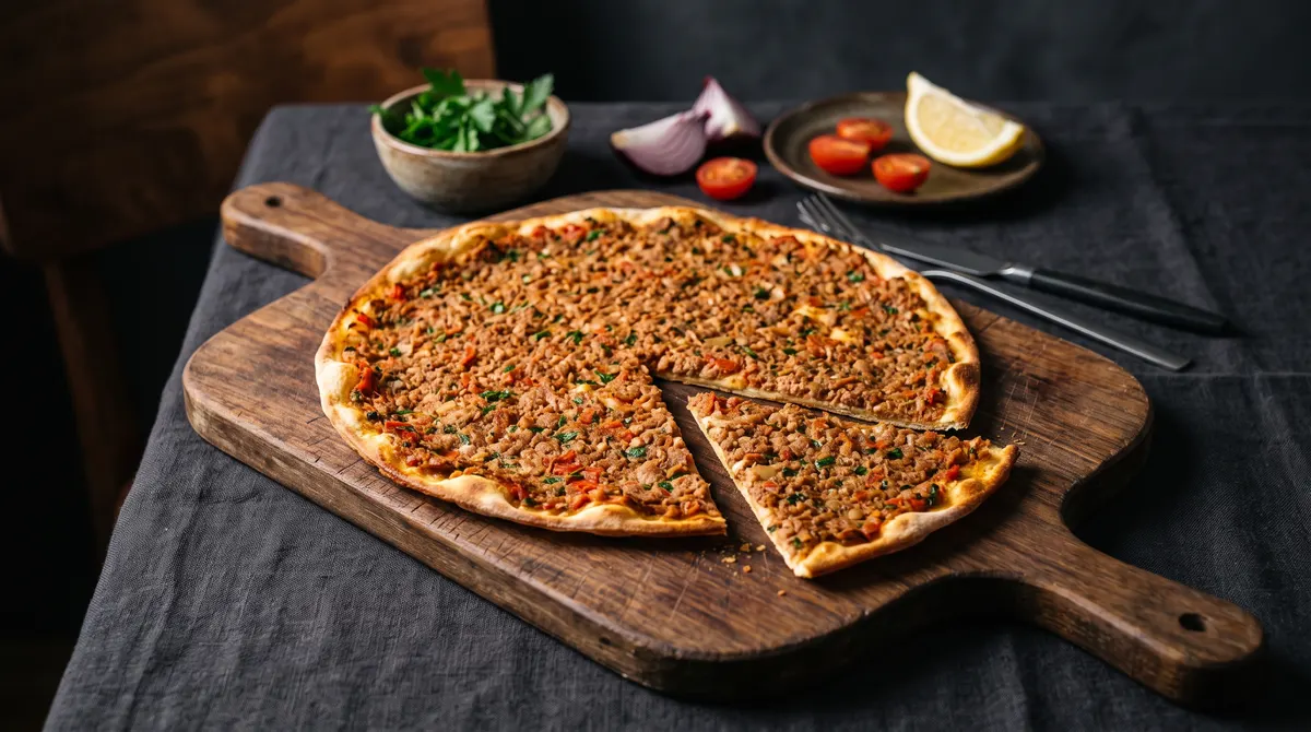 Türkische Pizza (Lahmacun) auf Holzbrett, ein Stück angeschnitten (Serviervorschlag)