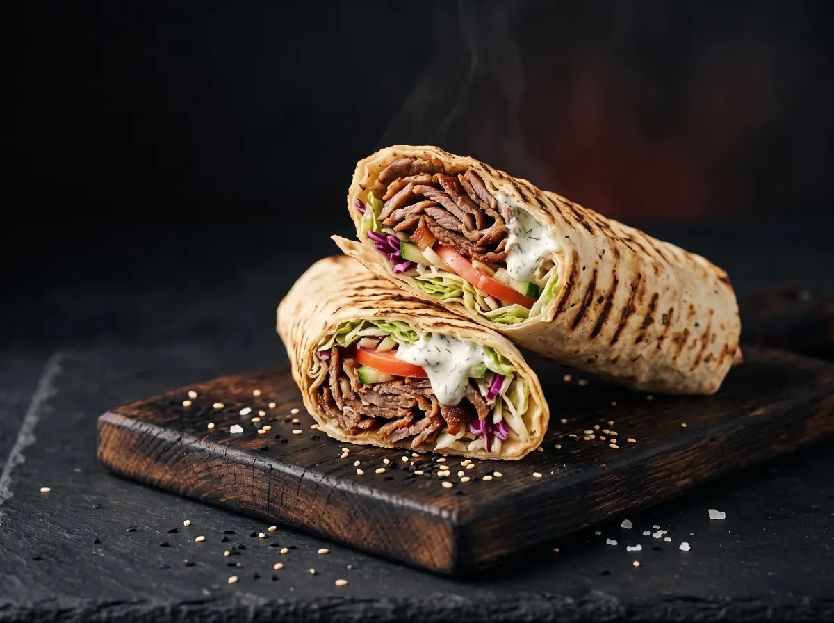 Dürüm im gegrillten Teigfladen, halbiert, mit Dönerfleisch, Salat, Tomate und weißer Sauce