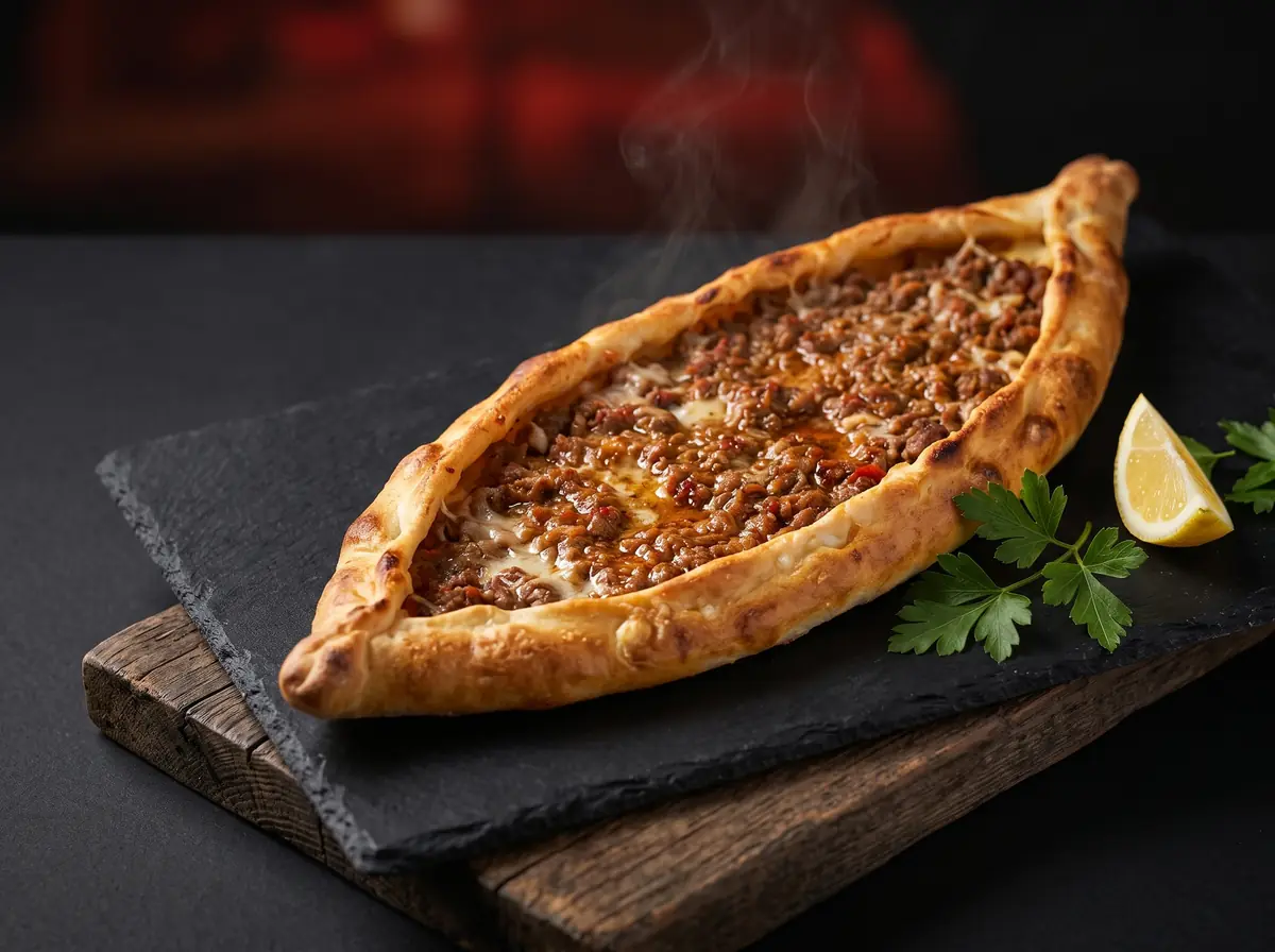 Frisch gebackene Pide mit Hackfleisch und Käse, dazu Zitrone und Petersilie