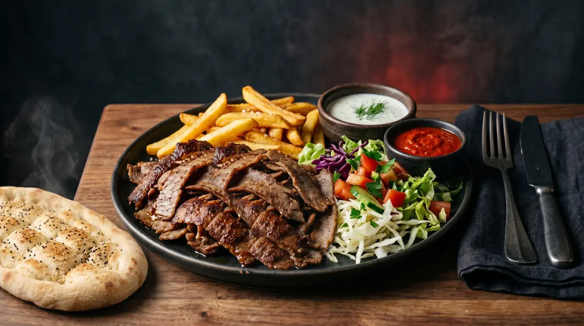 Dönerteller mit Pommes, Salat und Saucen