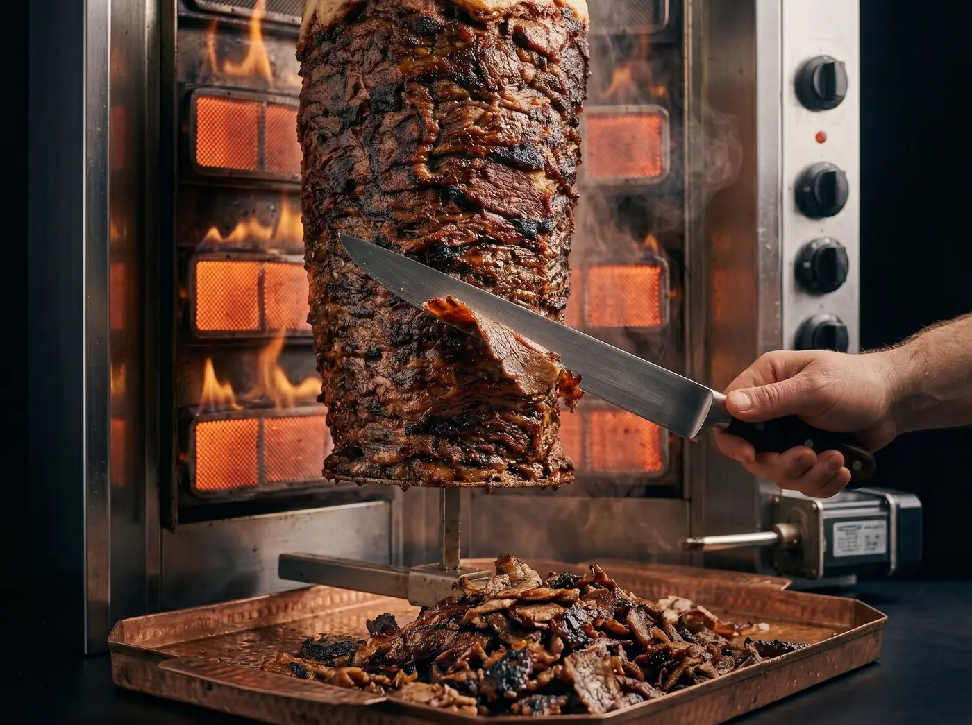 Koch schneidet Fleisch vom Steak-Dönerspieß am Gasgrill, darunter ein Blech mit frisch geschnittenem Fleisch