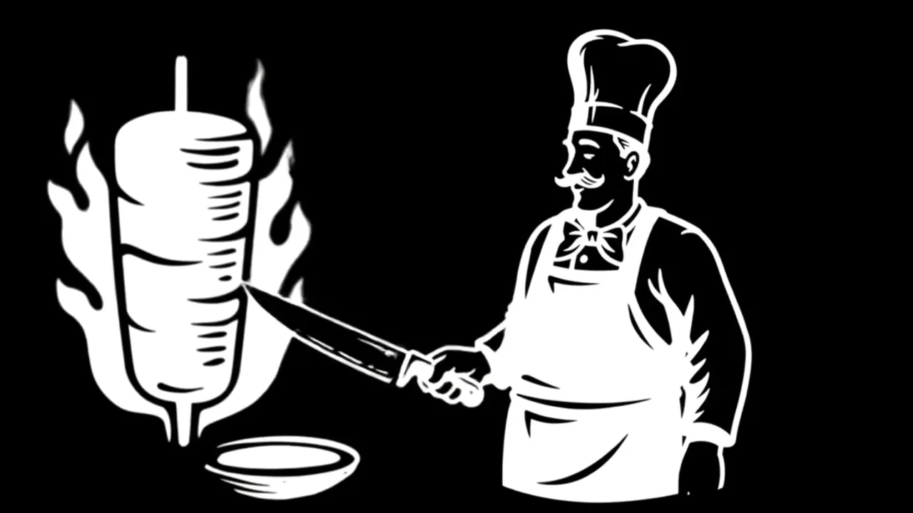 Illustration: Koch schneidet Fleisch vom Dönerspieß über offener Flamme